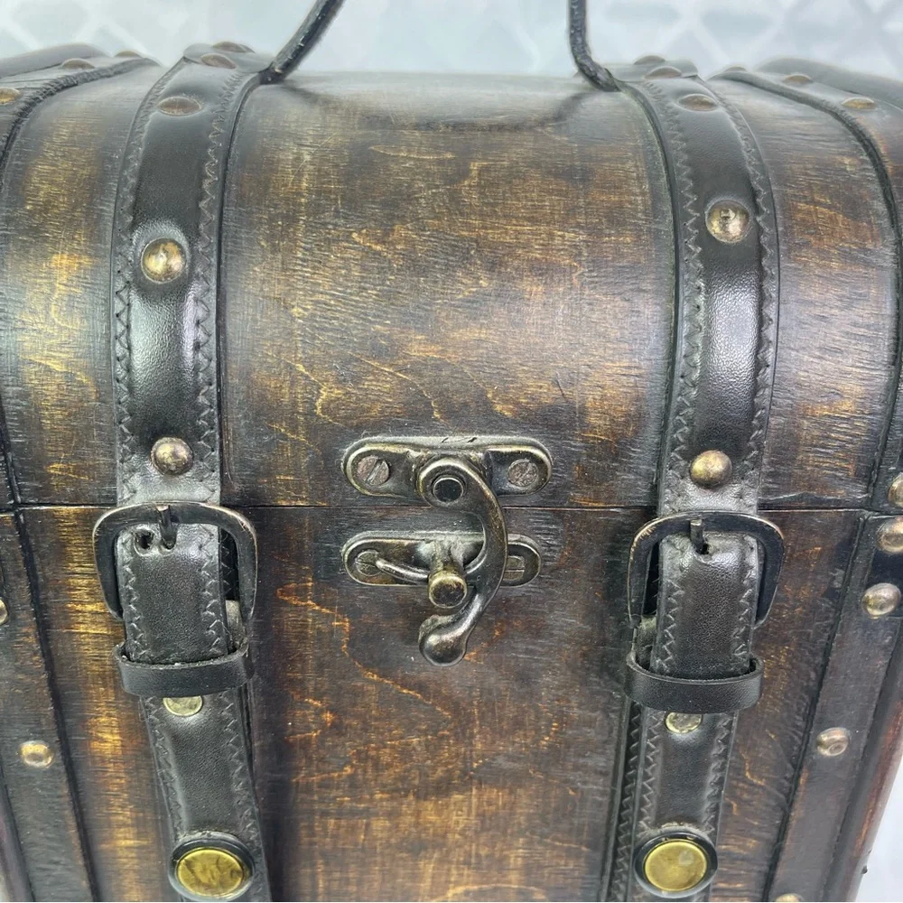 Vintage Style Wooden Wine Carrier Trunk Tooled Leather Straps Large Gift Box
